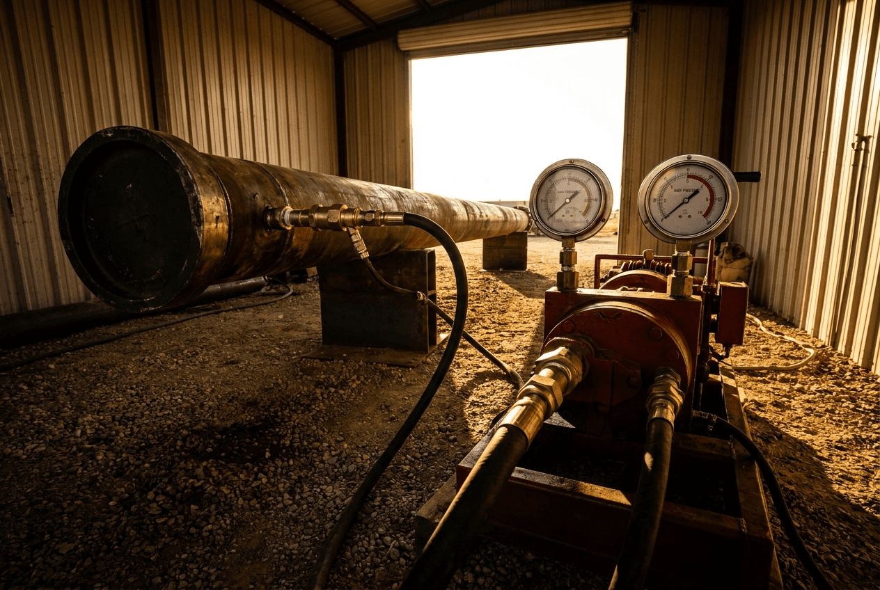 Oilfield pipe hydrostatic pressure test rig with pressure gauges