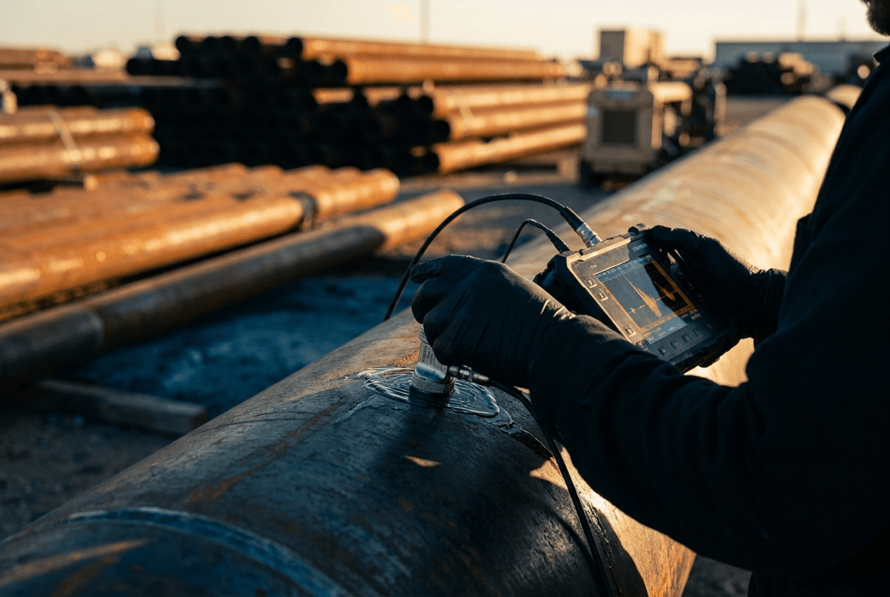 Technician performing EMI electromagnetic inspection on oilfield tubing